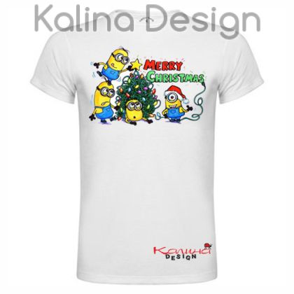 Забавна тениска с надпис Merry Christmas и миньони