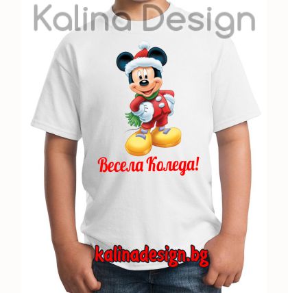 Детска тениска с надпис Весела Коледа  и Мики Маус