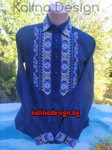 Мъжка памучна риза с бродерия  Шевица - модел 6