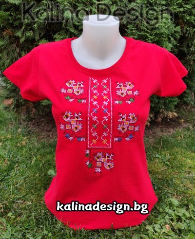 Тениска с бродерия българска Шевица - Габровска червена