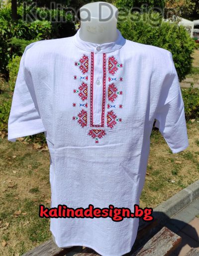 Мъжка кенарена Риза с бродерия Българска Шевица - къс ръкав